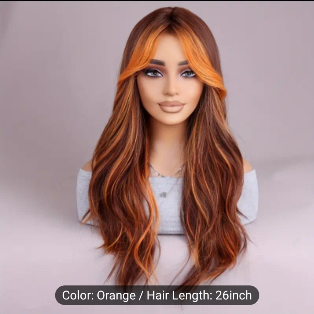 European and American Split Orange wavy 26-inch Full Head Wig